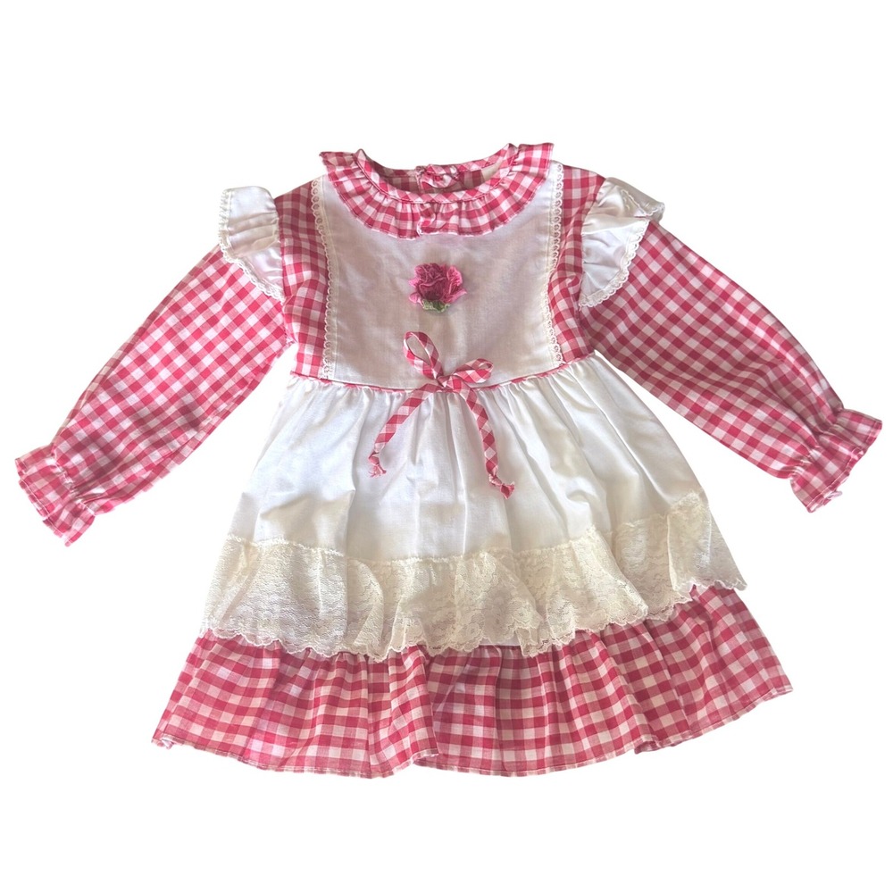 Vintage‎ Kids Red Gingham Lace Pinafore Dress Long Sleeve Rose 4T Made in USA